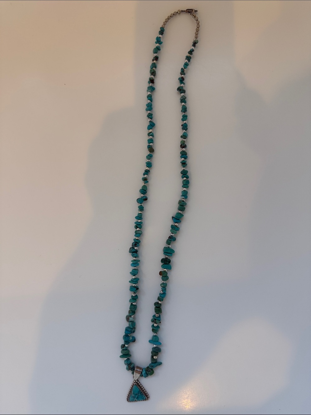 Turquoise Chip sterling silverBead Necklace with Triangle Pendant - Women's